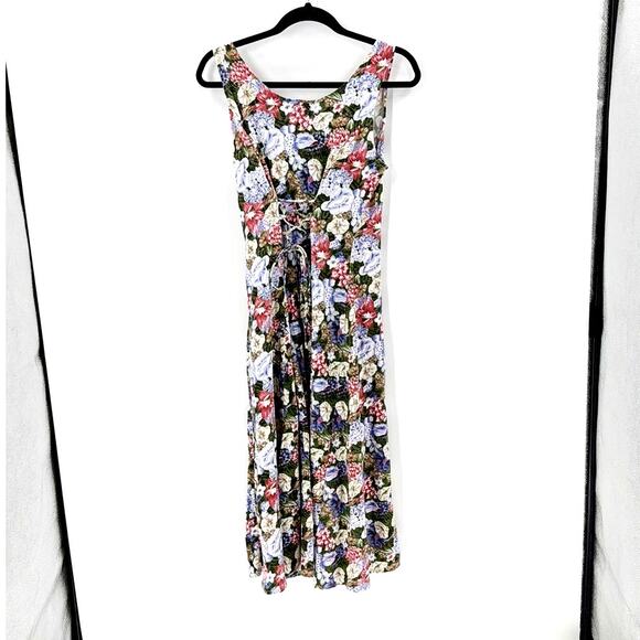 Vintage Nicole Elizabeth floral midi lace up back tie dress 80s 90s size M - Picture 2 of 8